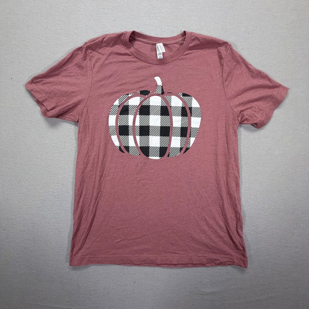 Bella+Canvas Womens T-Shirt Regular Mauve Buffalo Plaid Pumpkin Graphic L